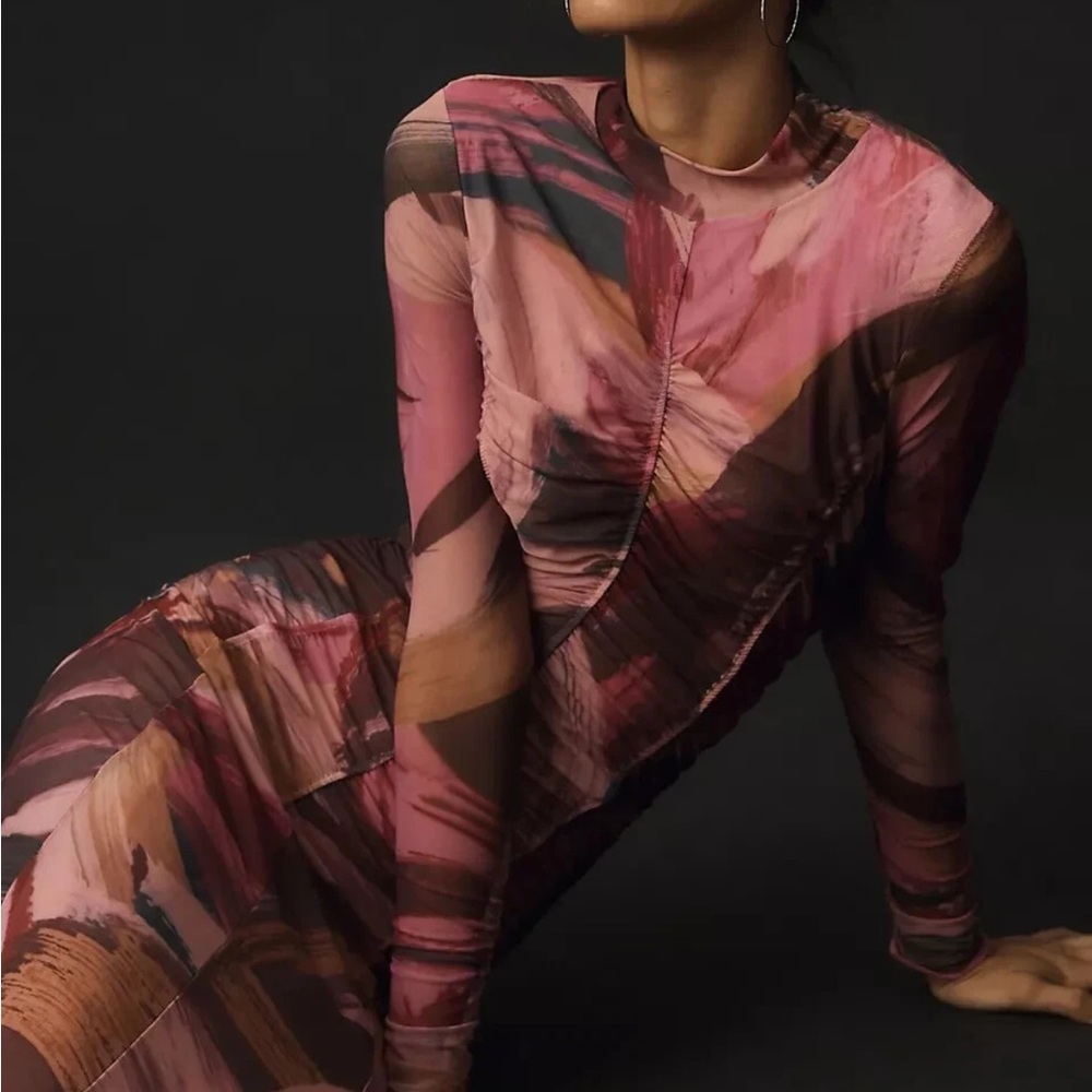 Anthropologie Long Sleeve Printed Mesh Midi Maxi Dress Ruched Mock Neck - Picture 11 of 16